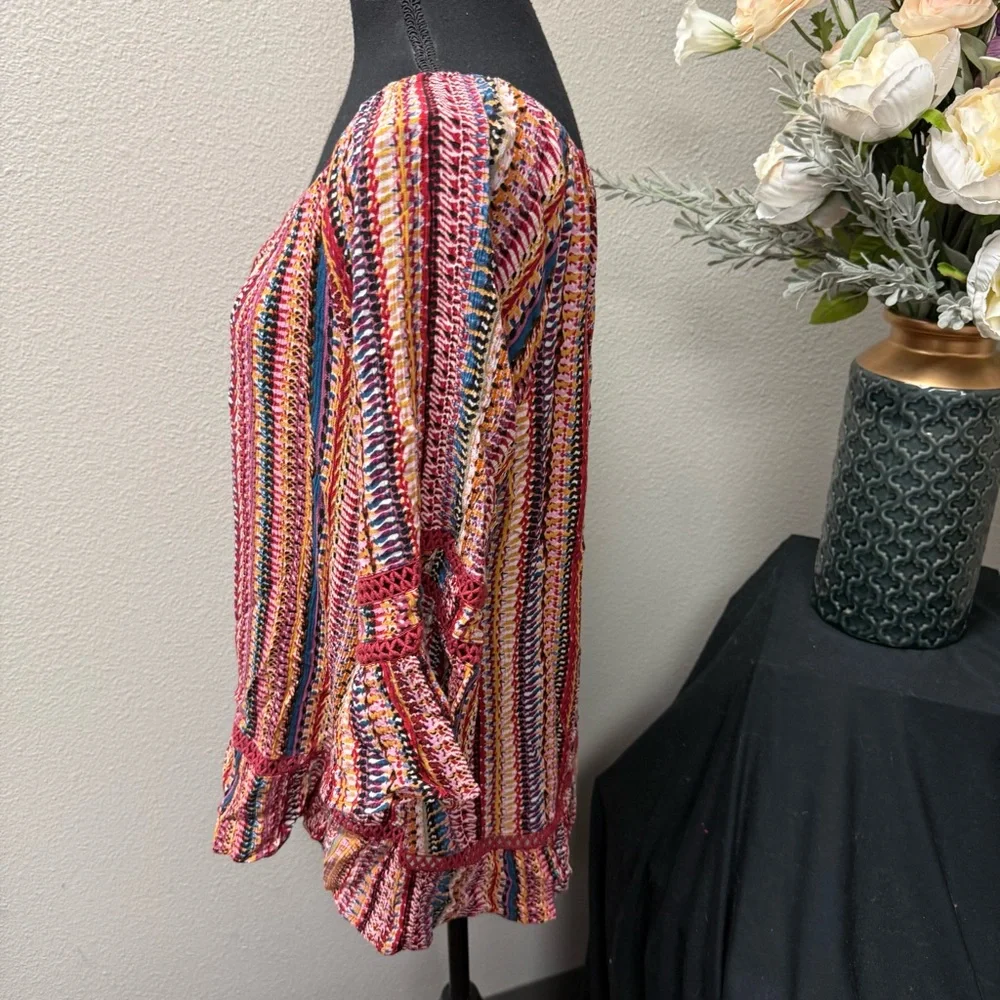 Hannah Boho Ruffle Peasant Blouse Multicolor Stripe Crochet Trim L - Picture 2 of 7